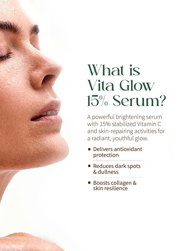 Vita Glow 15% Face Serum Vitamin C Serum - Advanced Brightening Elixir with Peptides, Probiotics, Hyaluronic Acid | Dark Spot Reduction & Even Tone | For All Skin Types - 20g