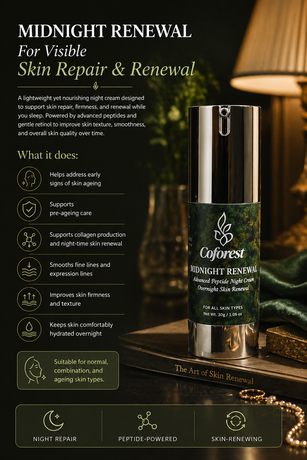 Midnight Renewal Face Cream Advanced Peptide Night Cream with with Copper Tripeptide-1 & Retinol | Deep Repair, Overnight Renewal, Rested Skin by Morning - 30g