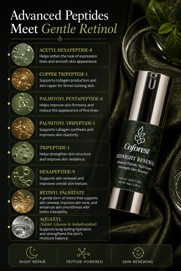Midnight Renewal Face Cream Advanced Peptide Night Cream with with Copper Tripeptide-1 & Retinol | Deep Repair, Overnight Renewal, Rested Skin by Morning - 30g