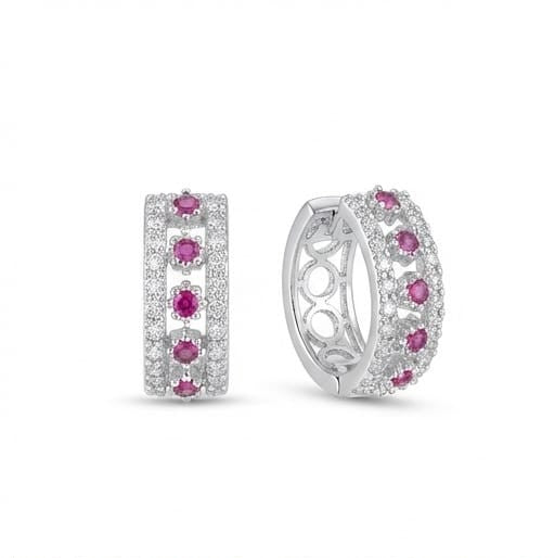 Sterling Silver Pink Stone Wide Huggie Hoop Earrings, High Polish Rhodium Finish Jewellery