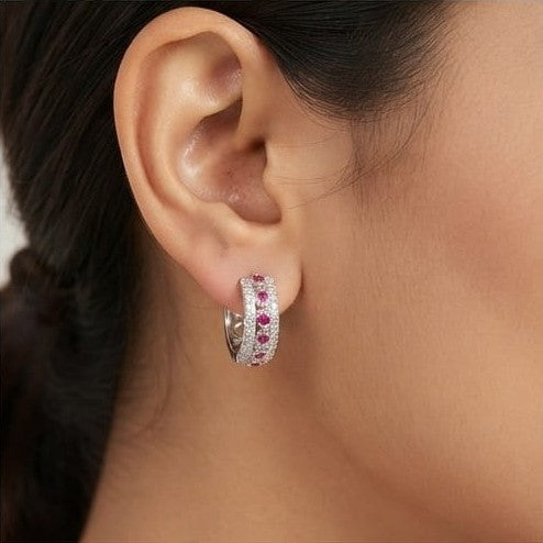 Sterling Silver Pink Stone Wide Huggie Hoop Earrings, High Polish Rhodium Finish Jewellery