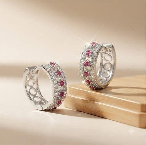 Sterling Silver Pink Stone Wide Huggie Hoop Earrings, High Polish Rhodium Finish Jewellery