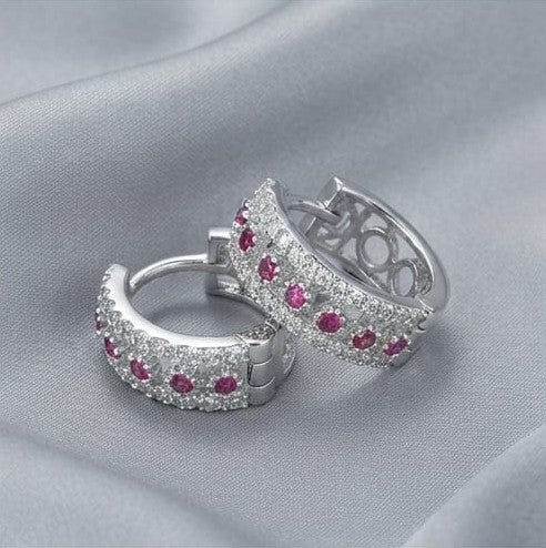 Sterling Silver Pink Stone Wide Huggie Hoop Earrings, High Polish Rhodium Finish Jewellery
