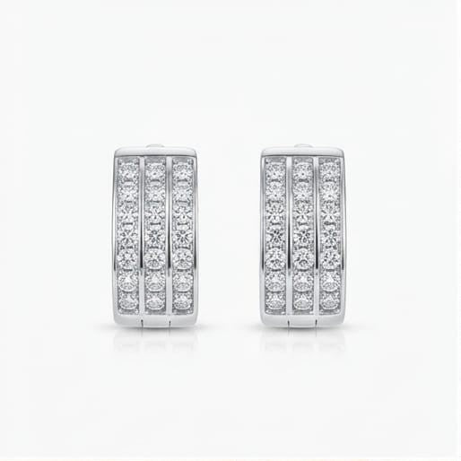 Sterling Silver Triple-Row Pavé Wide Huggie Hoop Earrings, High Polish Rhodium Finish Jewellery