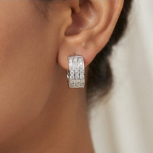 Sterling Silver Triple-Row Pavé Wide Huggie Hoop Earrings, High Polish Rhodium Finish Jewellery