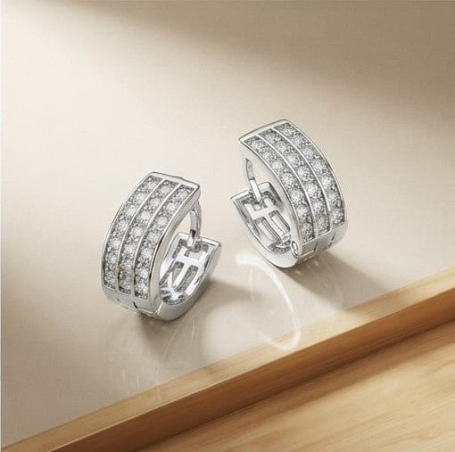 Sterling Silver Triple-Row Pavé Wide Huggie Hoop Earrings, High Polish Rhodium Finish Jewellery