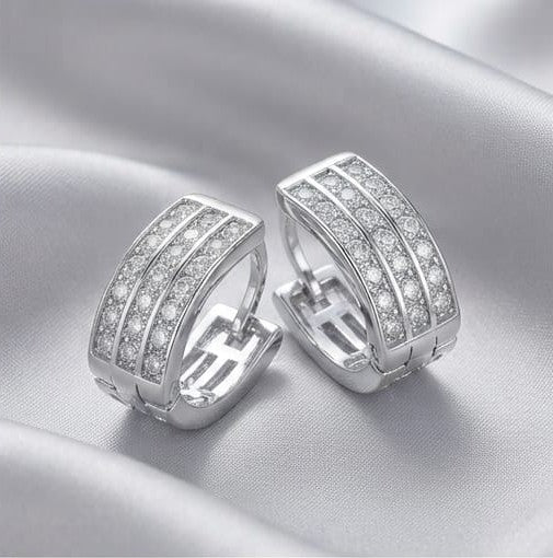 Sterling Silver Triple-Row Pavé Wide Huggie Hoop Earrings, High Polish Rhodium Finish Jewellery
