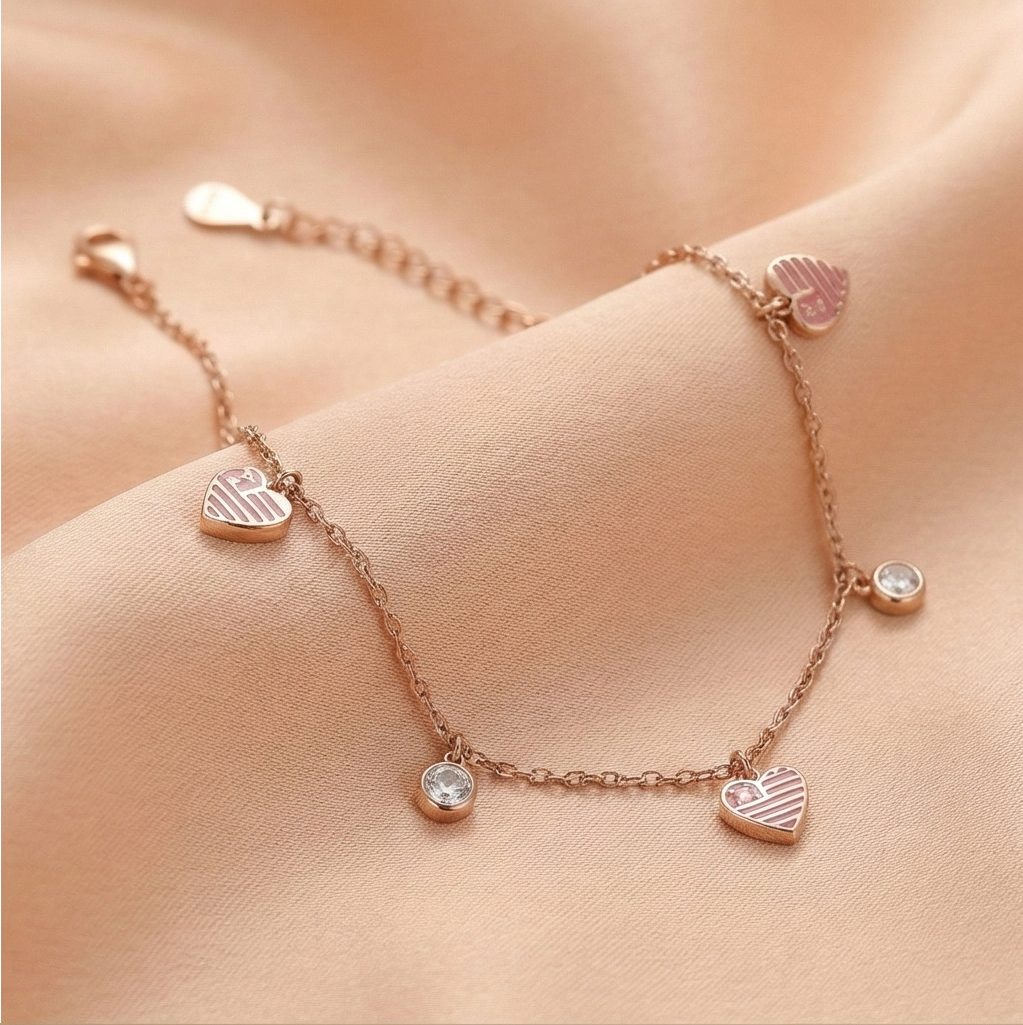 Sterling Silver Rose Gold Plated Pink Heart Charm Anklet Jewellery