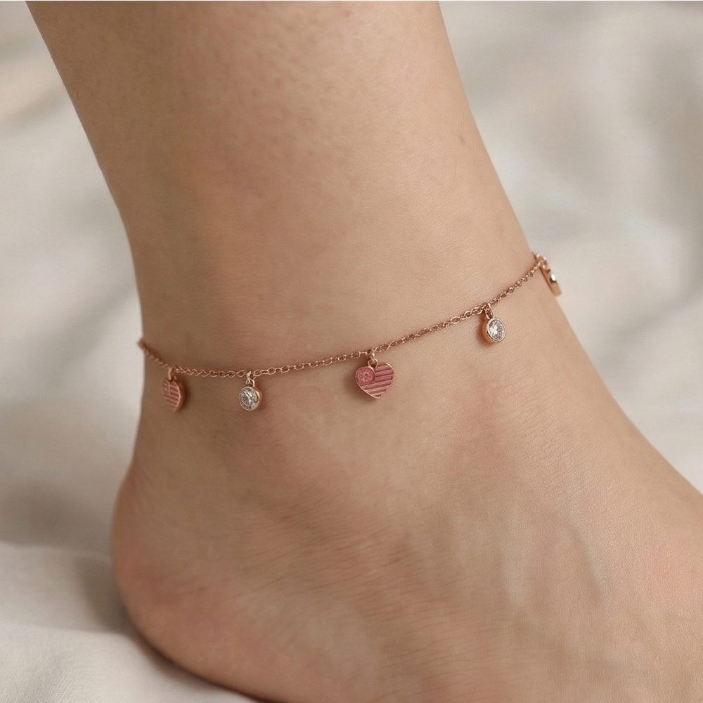 Sterling Silver Rose Gold Plated Pink Heart Charm Anklet Jewellery