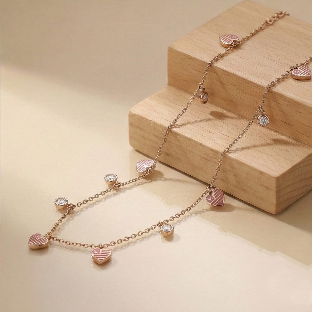 Sterling Silver Rose Gold Plated Pink Heart Charm Anklet Jewellery