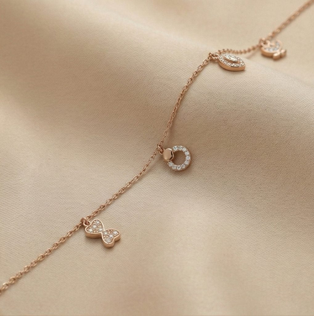 Sterling Silver Rose Gold Plated Butterfly and Marquise Anklet Jewellery