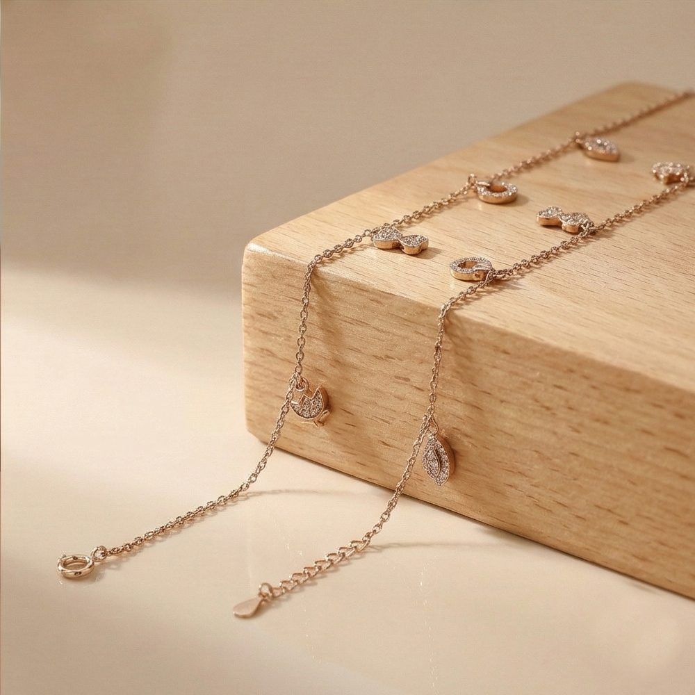 Sterling Silver Rose Gold Plated Butterfly and Marquise Anklet Jewellery