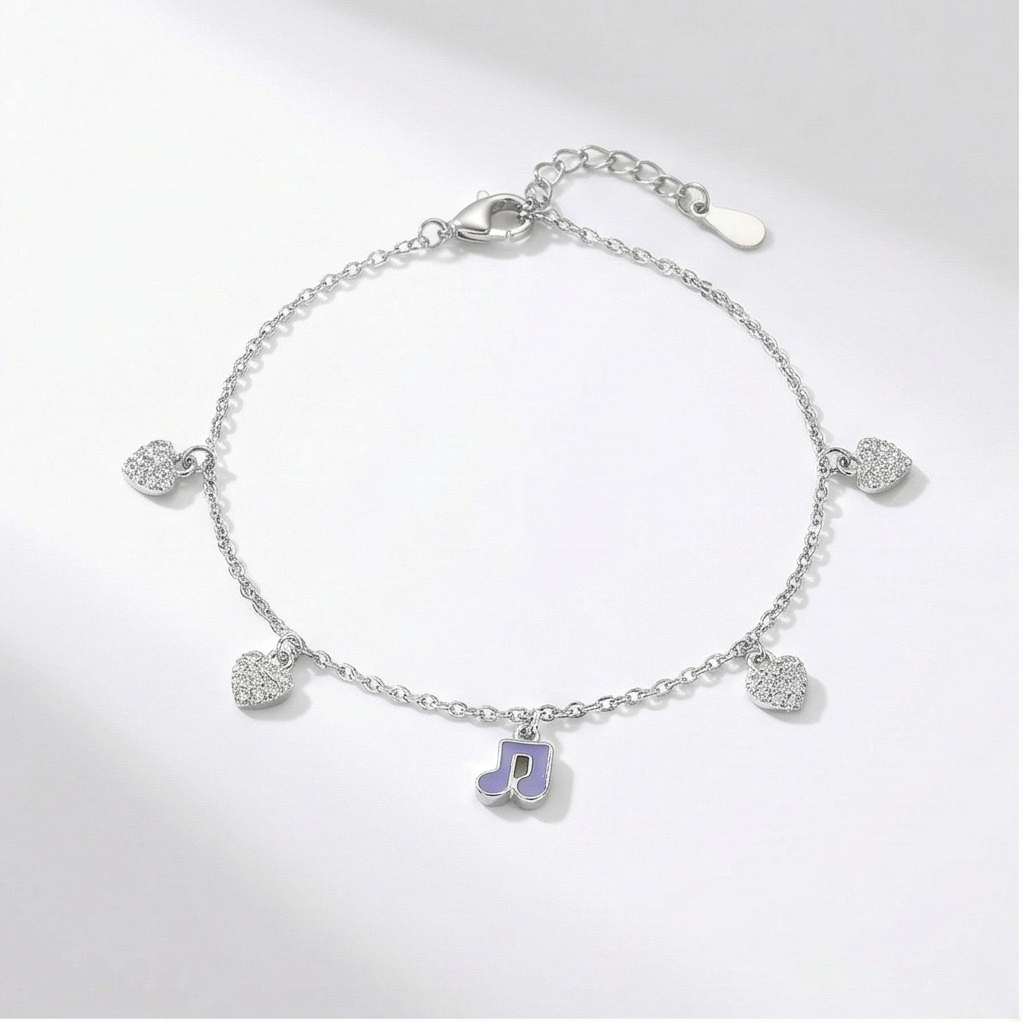 Sterling Silver Layered Musical Note and Heart Anklet Silver Finish Jewellery