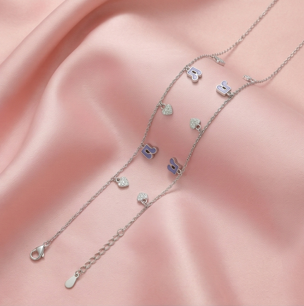 Sterling Silver Layered Musical Note and Heart Anklet Silver Finish Jewellery