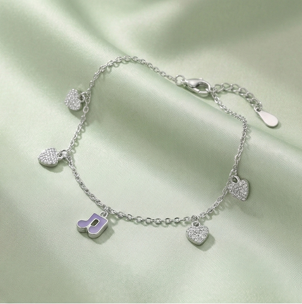 Sterling Silver Layered Musical Note and Heart Anklet Silver Finish Jewellery