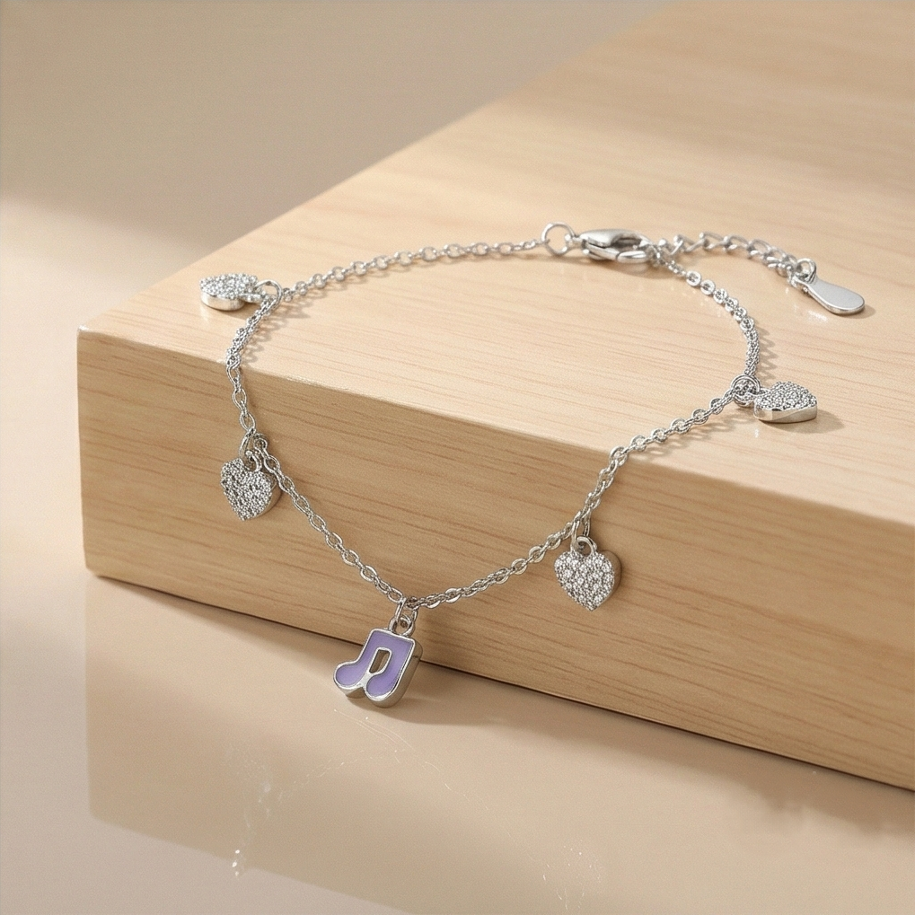 Sterling Silver Layered Musical Note and Heart Anklet Silver Finish Jewellery