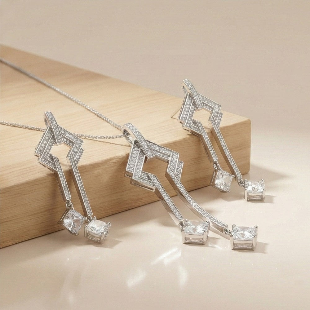 925 Sterling Silver Geometric Art Deco Style Long Drop Chain Pendant and Dangle Earrings Set Jewellery