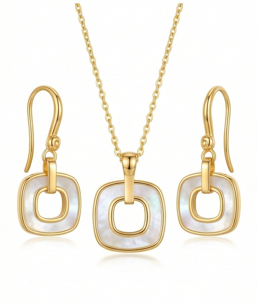 925 Sterling Silver Yellow Gold Plated Geometric Open Square MOP Inlay Pendant and Drop Earrings Jewellery Set