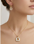 925 Sterling Silver Yellow Gold Plated Geometric Open Square MOP Inlay Pendant and Drop Earrings Jewellery Set
