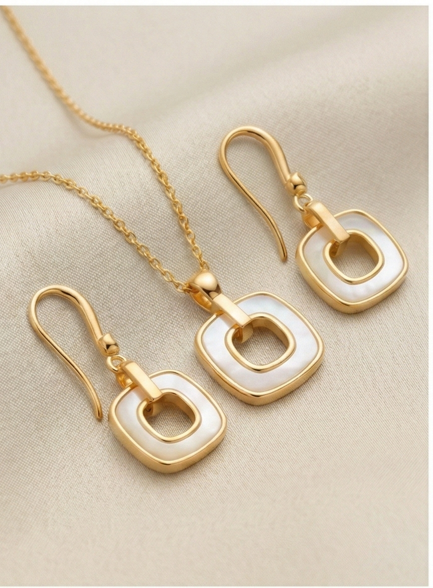 925 Sterling Silver Yellow Gold Plated Geometric Open Square MOP Inlay Pendant and Drop Earrings Jewellery Set