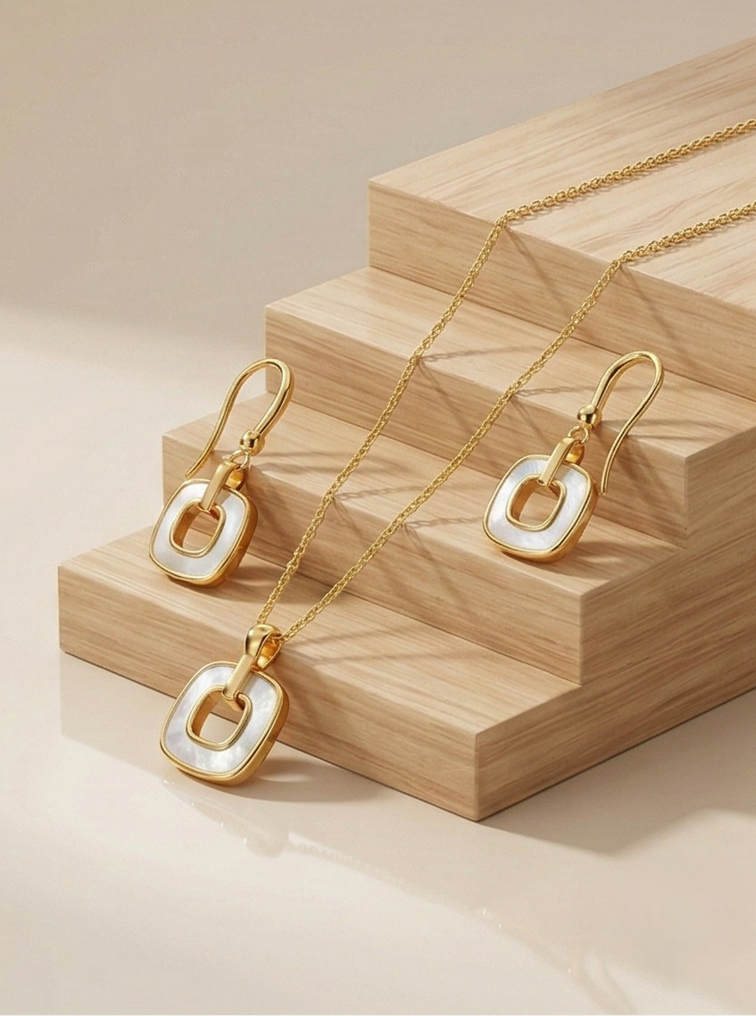 925 Sterling Silver Yellow Gold Plated Geometric Open Square MOP Inlay Pendant and Drop Earrings Jewellery Set