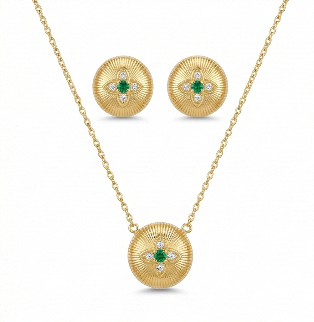 Sterling Silver Yellow Gold Plated Ribbed Floral Pendant Necklace and Stud Earrings Jewellery Set for Women
