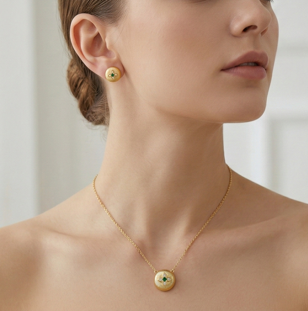 Sterling Silver Yellow Gold Plated Ribbed Floral Pendant Necklace and Stud Earrings Jewellery Set for Women
