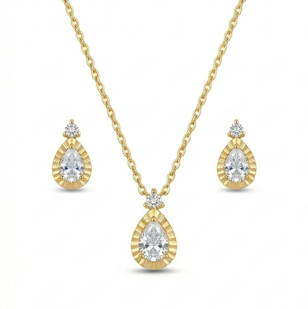 925 Sterling Silver Teardrop Necklace and Earrings Set with Yellow Gold Finish LUXE Jewellery