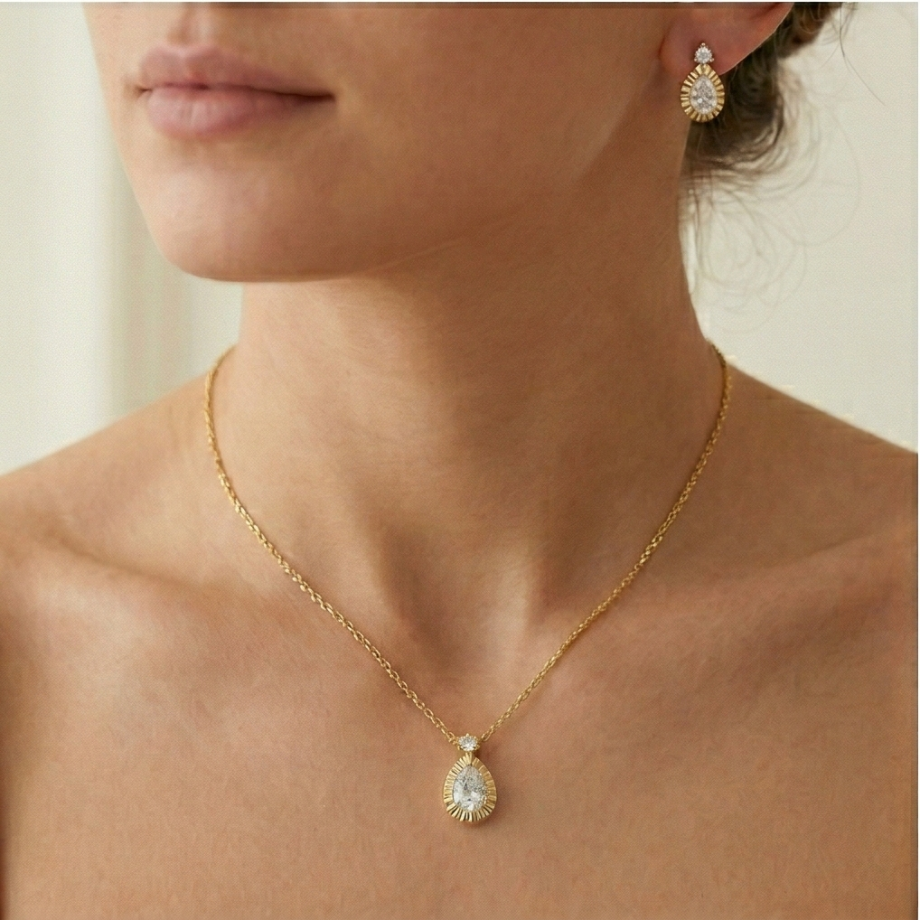 925 Sterling Silver Teardrop Necklace and Earrings Set with Yellow Gold Finish LUXE Jewellery