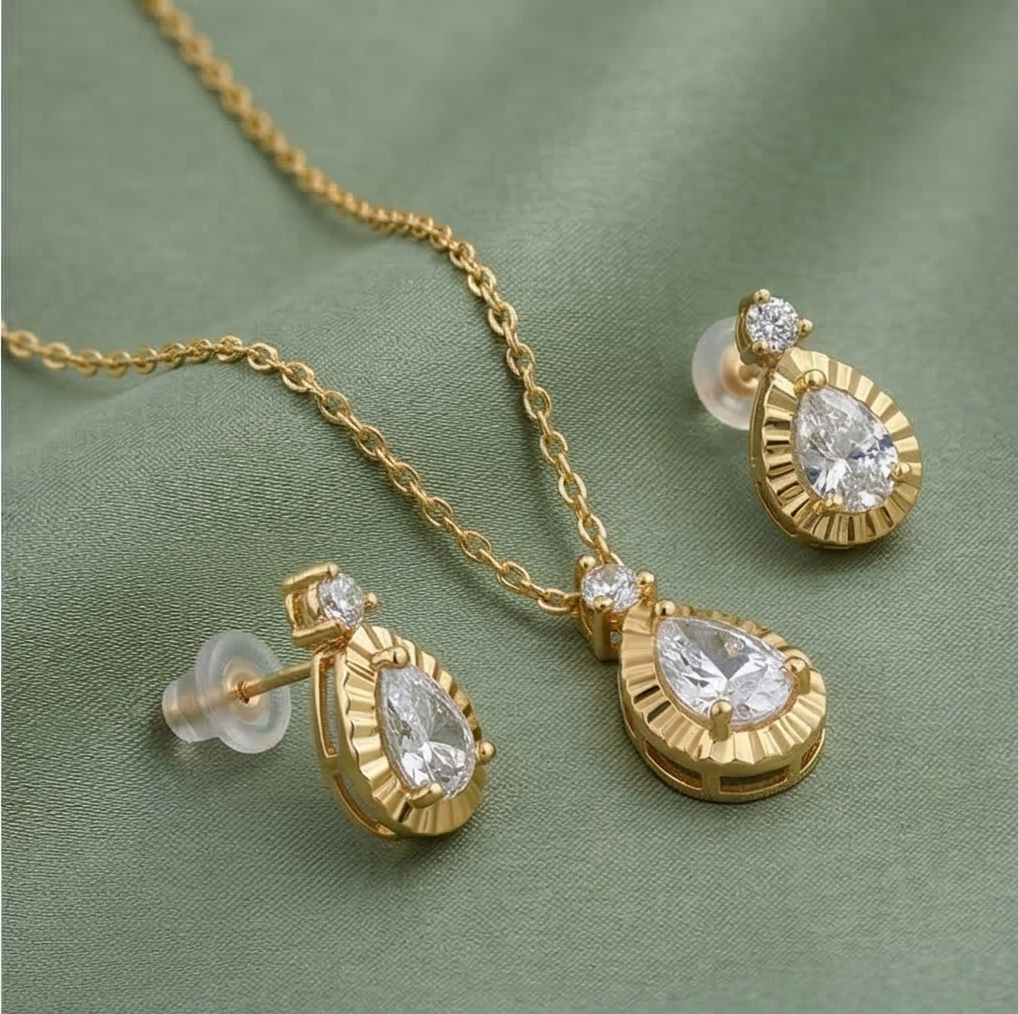 925 Sterling Silver Teardrop Necklace and Earrings Set with Yellow Gold Finish LUXE Jewellery
