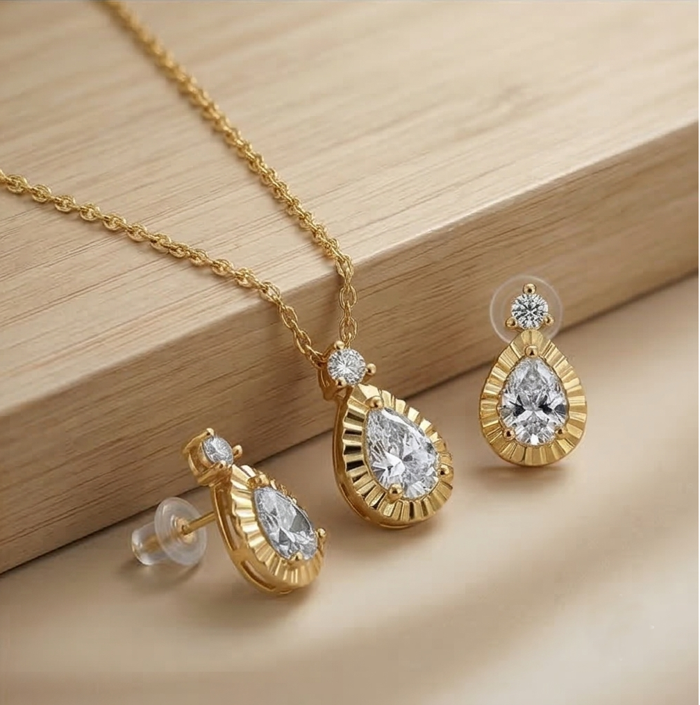 925 Sterling Silver Teardrop Necklace and Earrings Set with Yellow Gold Finish LUXE Jewellery