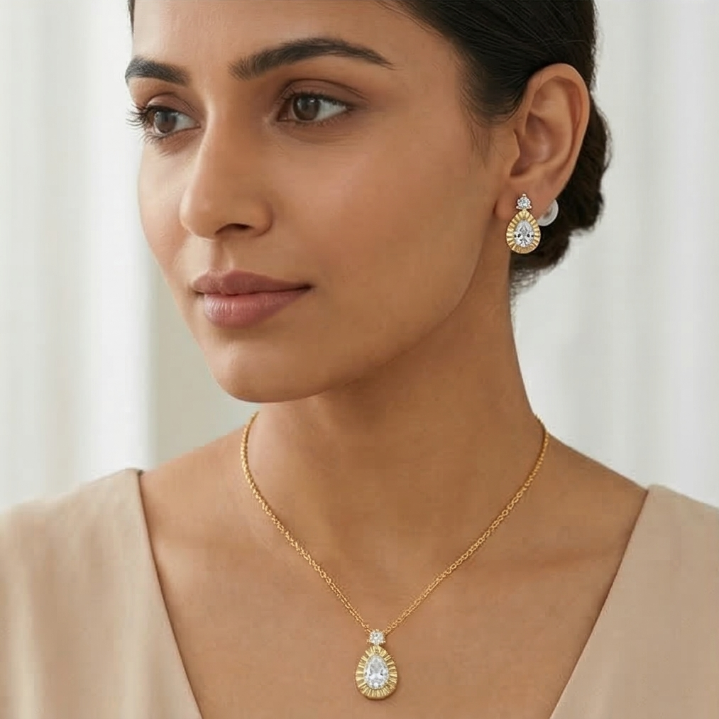 925 Sterling Silver Teardrop Necklace and Earrings Set with Yellow Gold Finish LUXE Jewellery