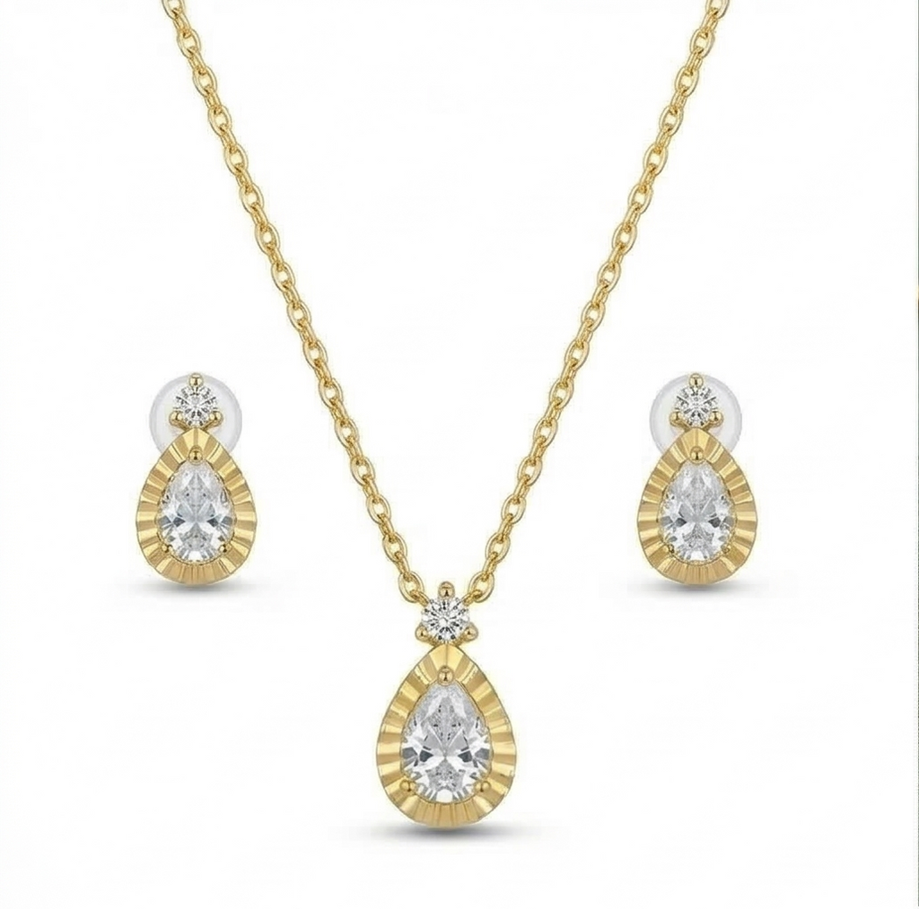 925 Sterling Silver Teardrop Necklace and Earrings Set with Yellow Gold Finish LUXE Jewellery