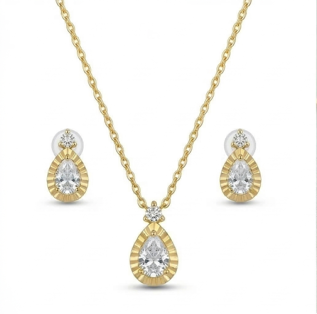 925 Sterling Silver Teardrop Necklace and Earrings Set with Yellow Gold Finish LUXE Jewellery