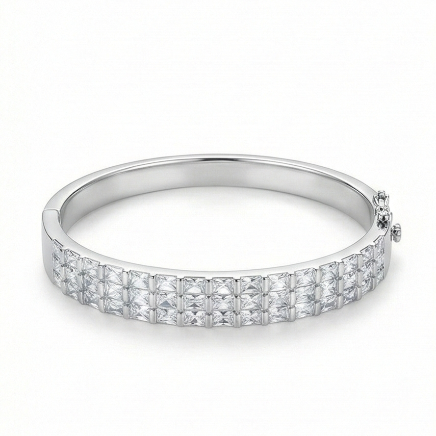 Sterling Silver Double Row Hinged Bangle High Polish Rhodium Finish Jewellery