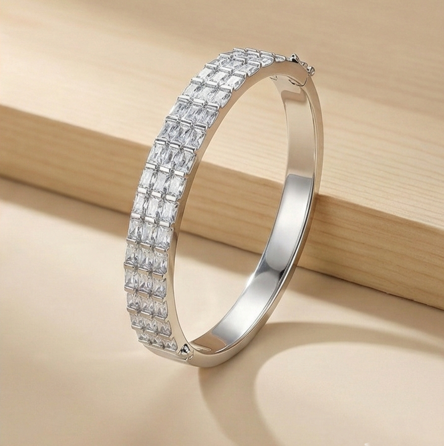 Sterling Silver Double Row Hinged Bangle High Polish Rhodium Finish Jewellery