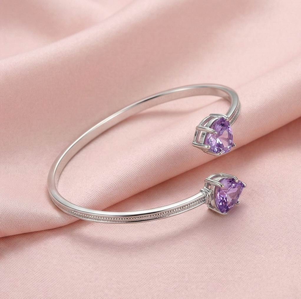 Sterling Silver Purple Heart Cuff Bracelet High Polish Rhodium Finish Jewellery