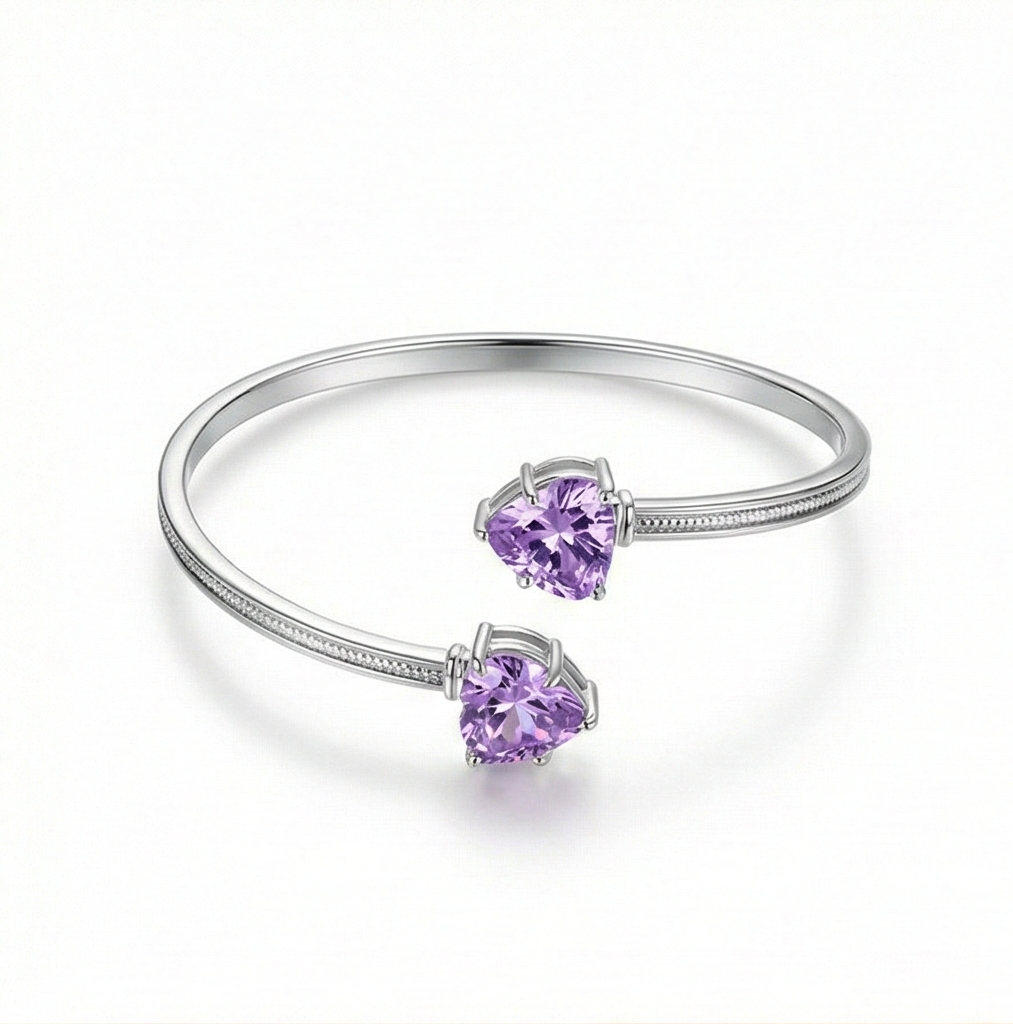 Sterling Silver Purple Heart Cuff Bracelet High Polish Rhodium Finish Jewellery
