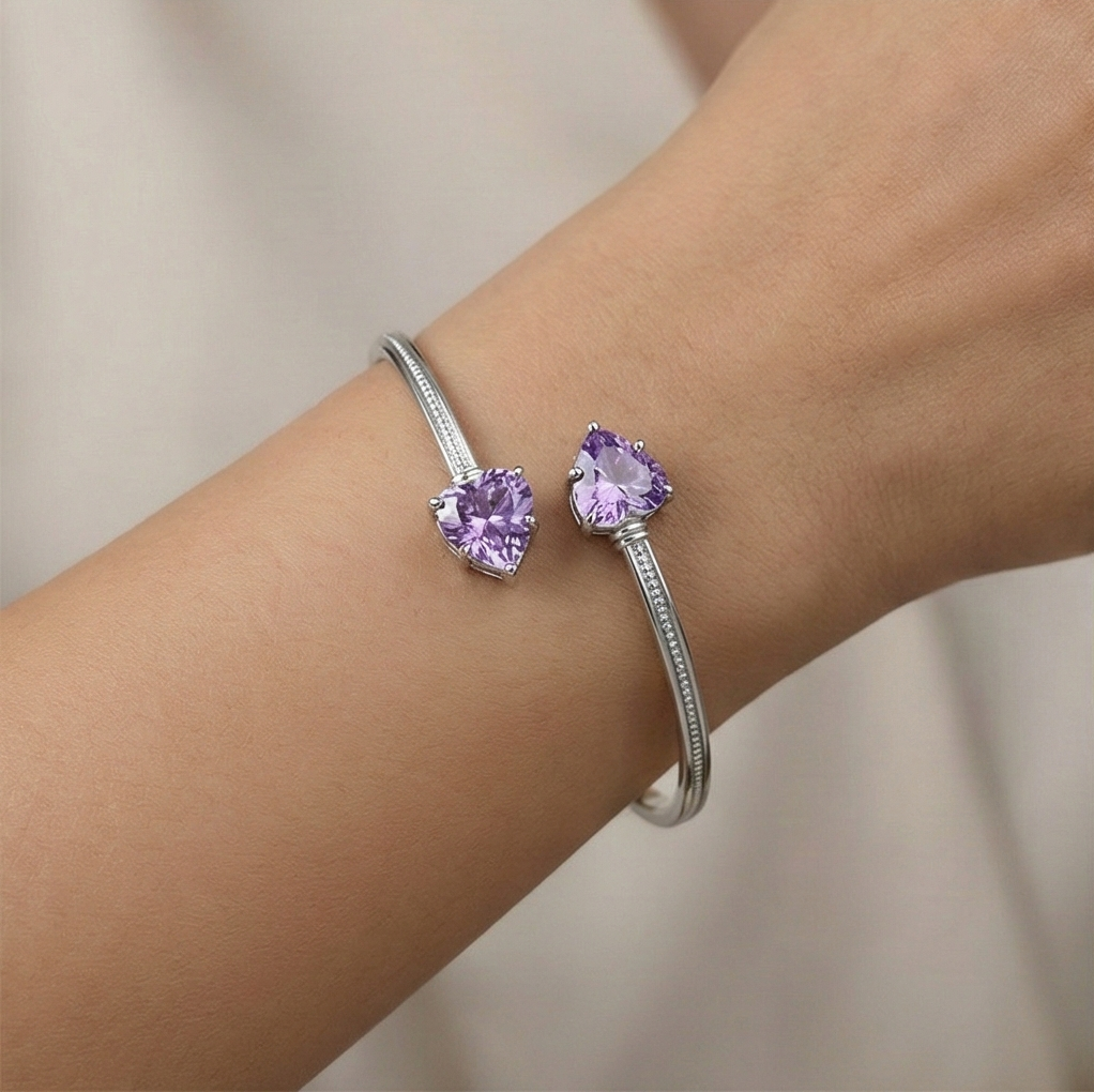 Sterling Silver Purple Heart Cuff Bracelet High Polish Rhodium Finish Jewellery