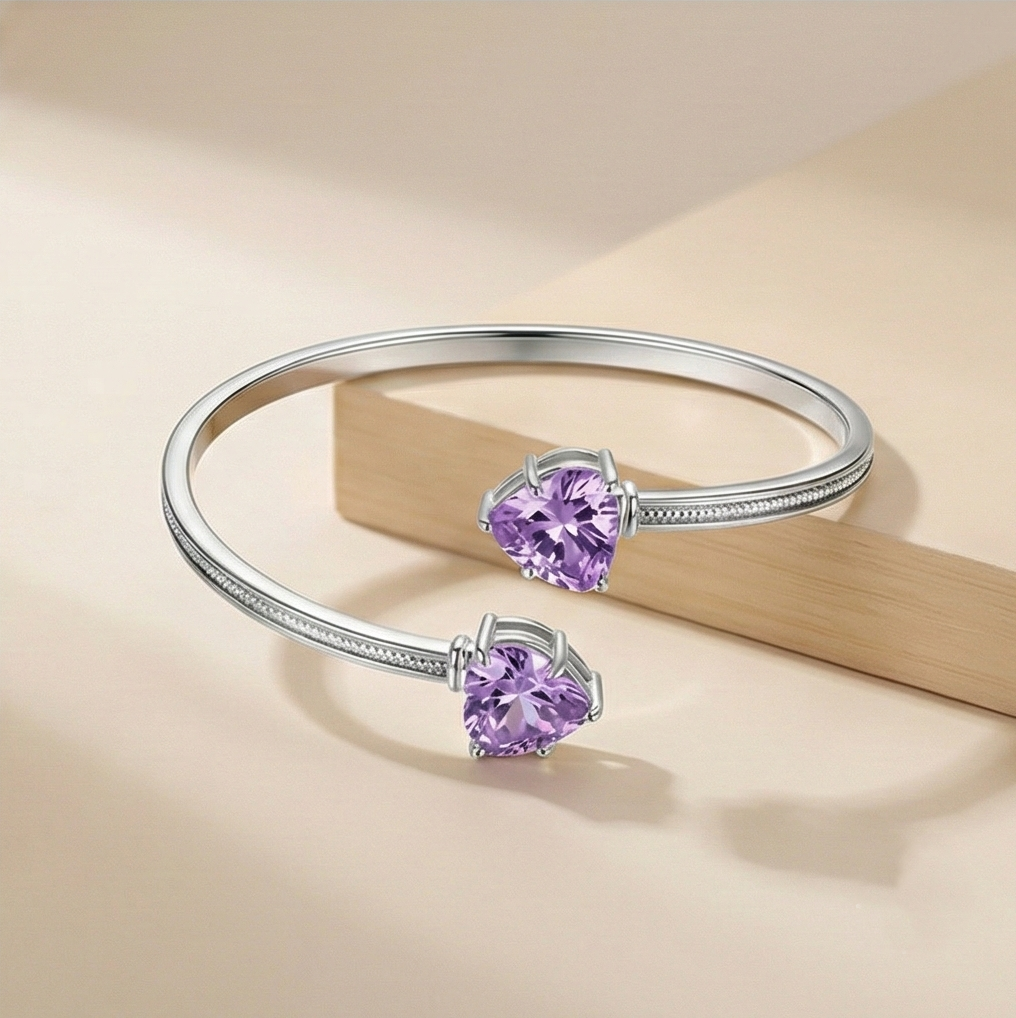 Sterling Silver Purple Heart Cuff Bracelet High Polish Rhodium Finish Jewellery