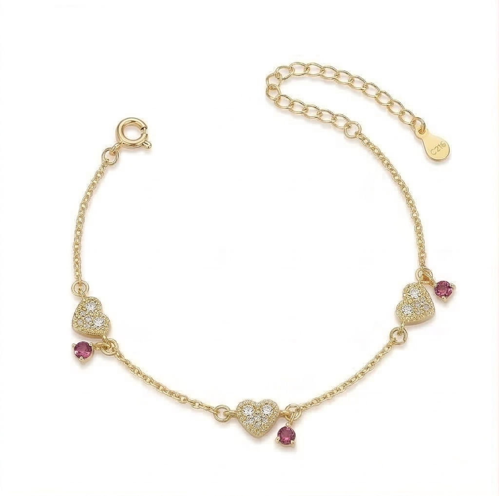 Sterling Silver Pave Heart and Red Charm Bracelet with Premium Gold Finish Festive Jewellery