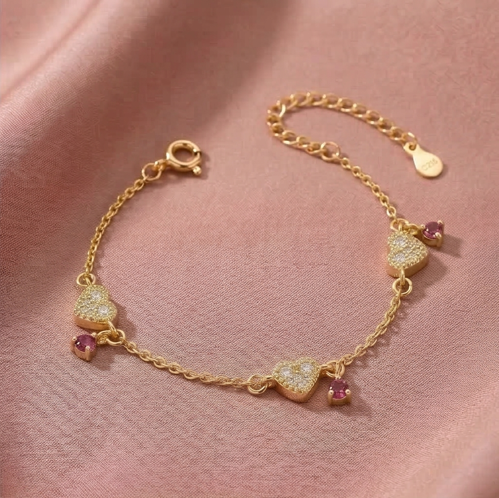 Sterling Silver Pave Heart and Red Charm Bracelet with Premium Gold Finish Festive Jewellery