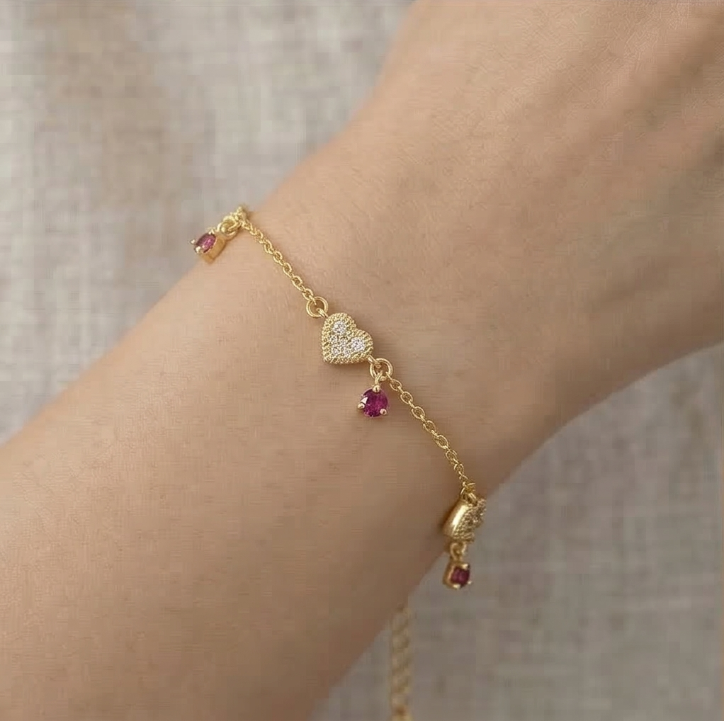 Sterling Silver Pave Heart and Red Charm Bracelet with Premium Gold Finish Festive Jewellery