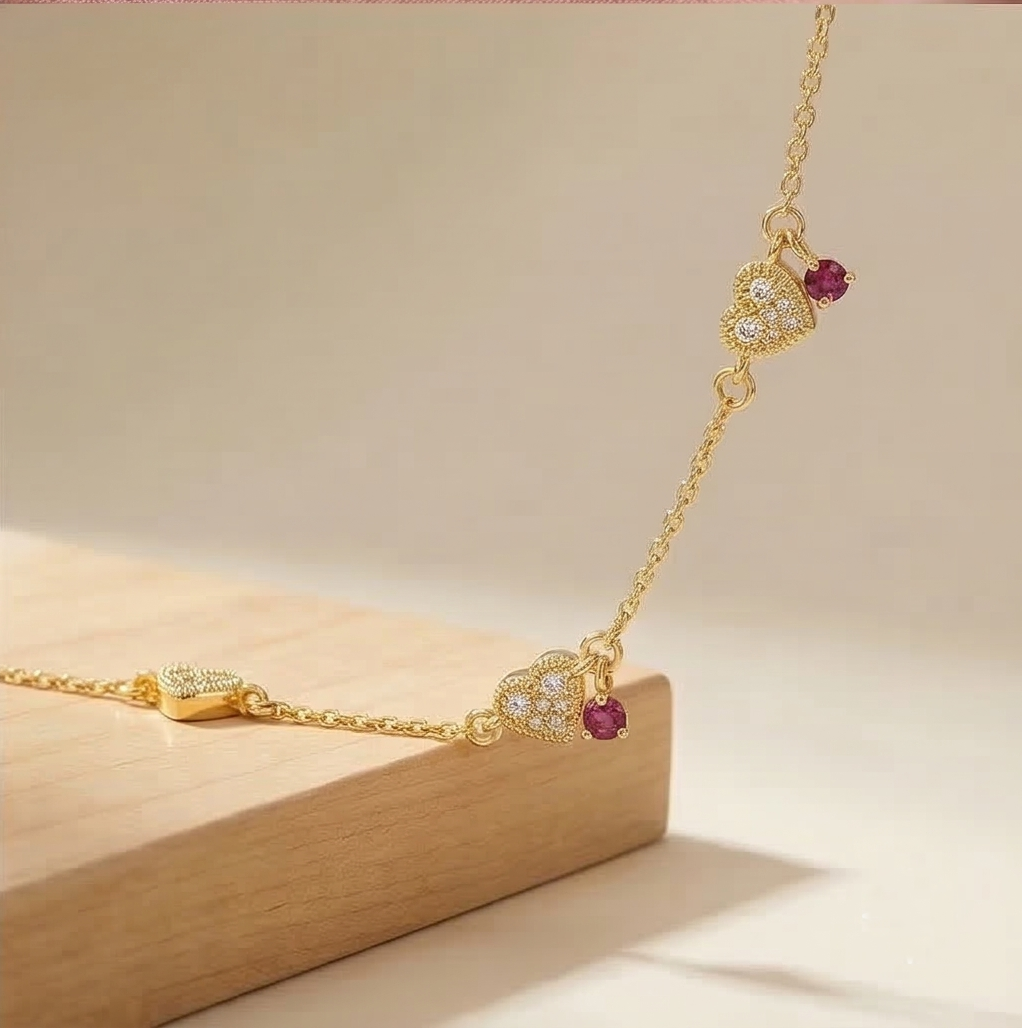 Sterling Silver Pave Heart and Red Charm Bracelet with Premium Gold Finish Festive Jewellery