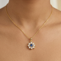 Sterling Silver Floral Halo Pendant Necklace Jewellery with Blue Center in Gold Plated Finish