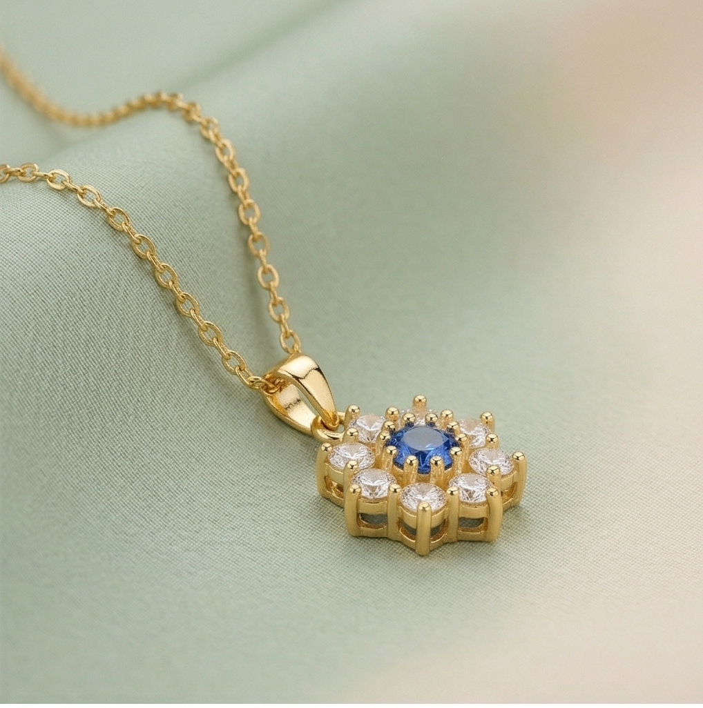 Sterling Silver Floral Halo Pendant Necklace Jewellery with Blue Center in Gold Plated Finish