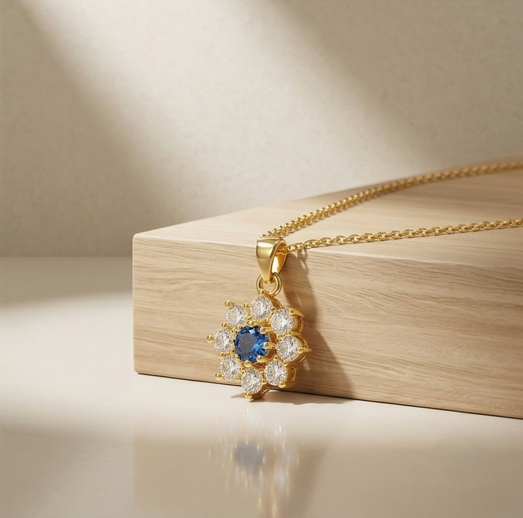 Sterling Silver Floral Halo Pendant Necklace Jewellery with Blue Center in Gold Plated Finish