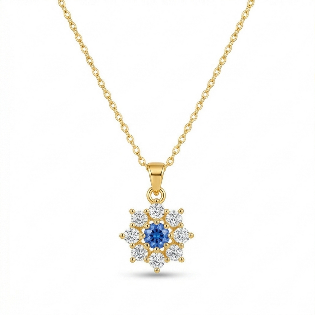 Sterling Silver Floral Halo Pendant Necklace Jewellery with Blue Center in Gold Plated Finish