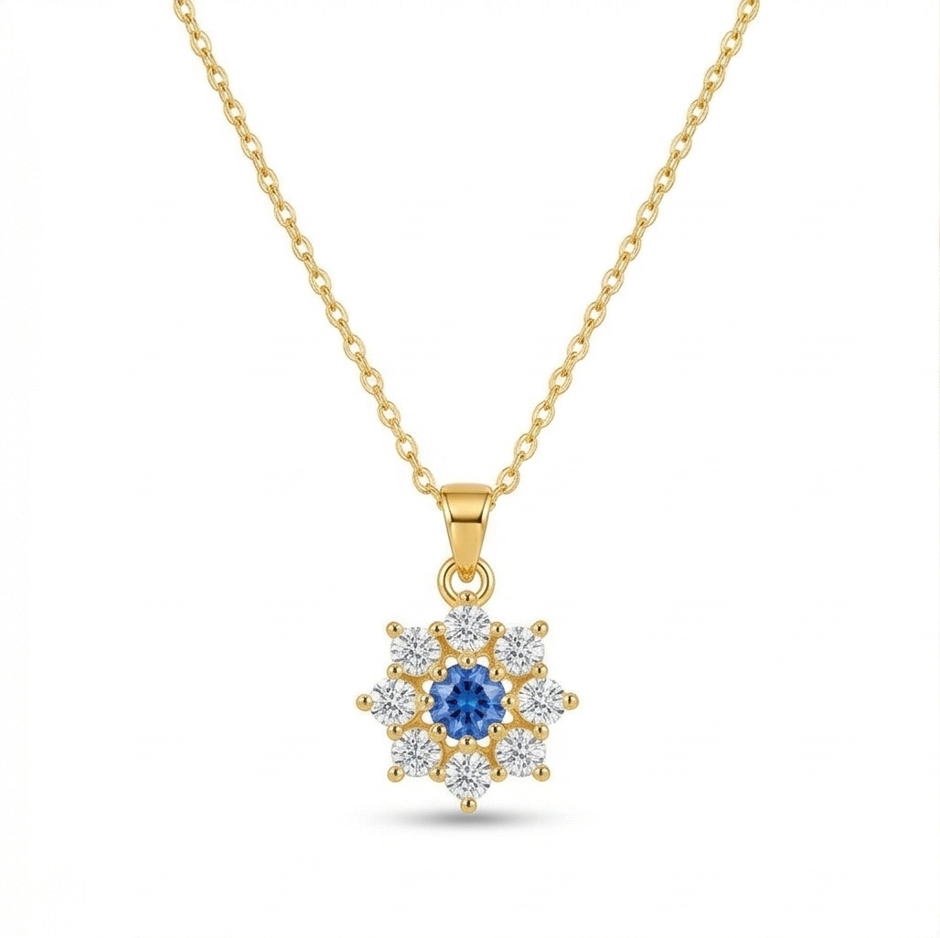 Sterling Silver Floral Halo Pendant Necklace Jewellery with Blue Center in Gold Plated Finish