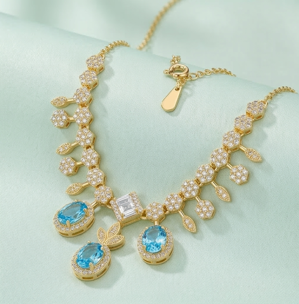 Sterling Silver Gold Plated Statement Blue Gemstone Necklace Jewellery for Women